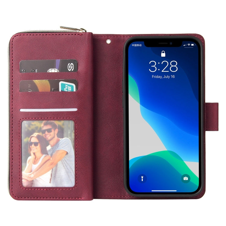 For iPhone 13 Pro 9 Card Slots Zipper Wallet Bag Leather Phone Case (Wine Red) - iPhone 13 Pro Cases by buy2fix | Online Shopping UK | buy2fix