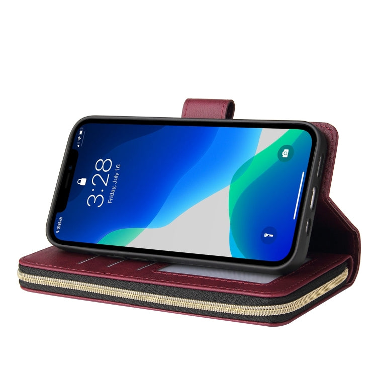 For iPhone 13 Pro 9 Card Slots Zipper Wallet Bag Leather Phone Case (Wine Red) - iPhone 13 Pro Cases by buy2fix | Online Shopping UK | buy2fix