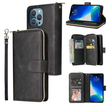 For iPhone 13 Pro Max 9 Card Slots Zipper Wallet Bag Leather Phone Case (Black) - iPhone 13 Pro Max Cases by buy2fix | Online Shopping UK | buy2fix