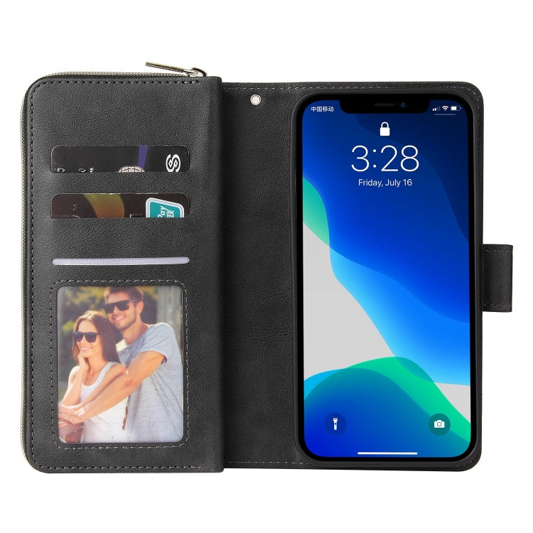 For iPhone 13 Pro Max 9 Card Slots Zipper Wallet Bag Leather Phone Case (Black) - iPhone 13 Pro Max Cases by buy2fix | Online Shopping UK | buy2fix