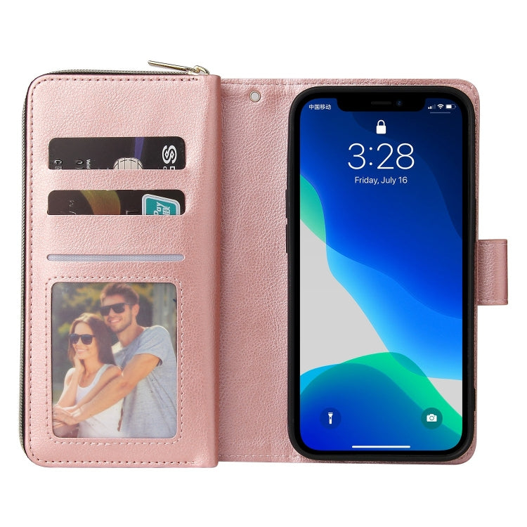 For iPhone 13 Pro Max 9 Card Slots Zipper Wallet Bag Leather Phone Case (Rose Gold) - iPhone 13 Pro Max Cases by buy2fix | Online Shopping UK | buy2fix