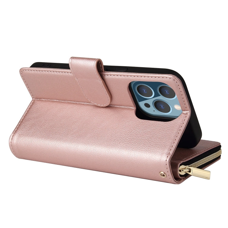 For iPhone 13 Pro Max 9 Card Slots Zipper Wallet Bag Leather Phone Case (Rose Gold) - iPhone 13 Pro Max Cases by buy2fix | Online Shopping UK | buy2fix