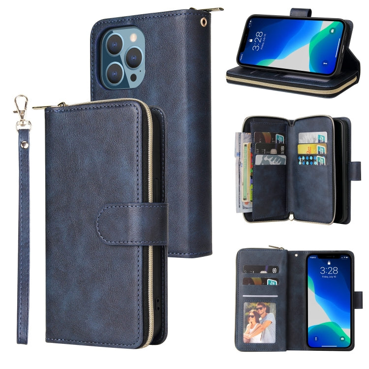 For iPhone 13 Pro Max 9 Card Slots Zipper Wallet Bag Leather Phone Case (Blue) - iPhone 13 Pro Max Cases by buy2fix | Online Shopping UK | buy2fix