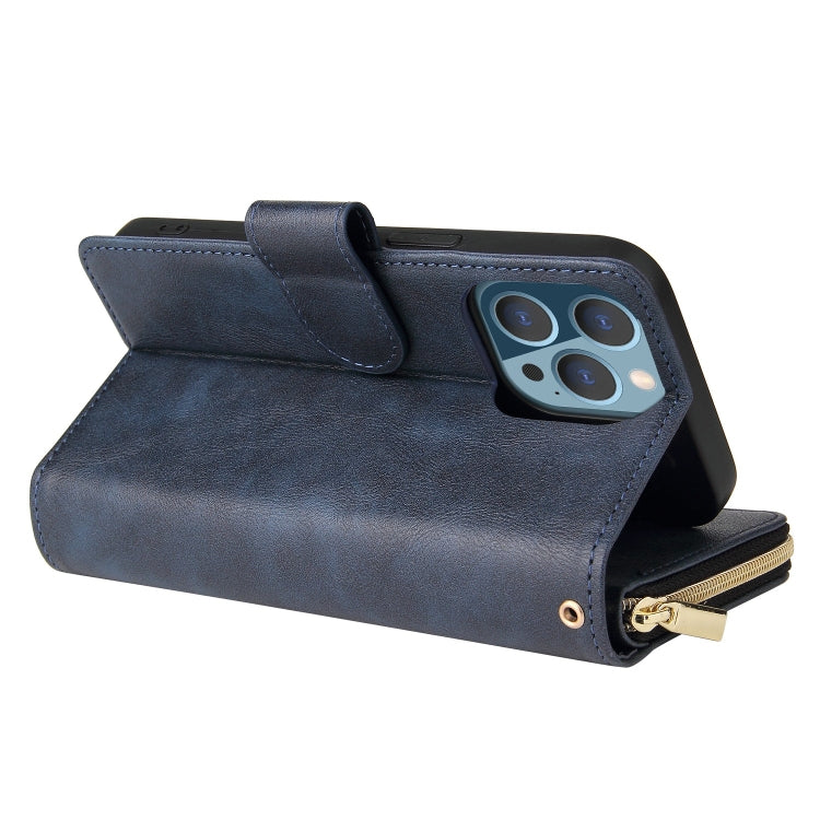 For iPhone 13 Pro Max 9 Card Slots Zipper Wallet Bag Leather Phone Case (Blue) - iPhone 13 Pro Max Cases by buy2fix | Online Shopping UK | buy2fix