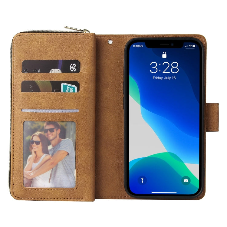 For iPhone 13 Pro Max 9 Card Slots Zipper Wallet Bag Leather Phone Case (Brown) - iPhone 13 Pro Max Cases by buy2fix | Online Shopping UK | buy2fix