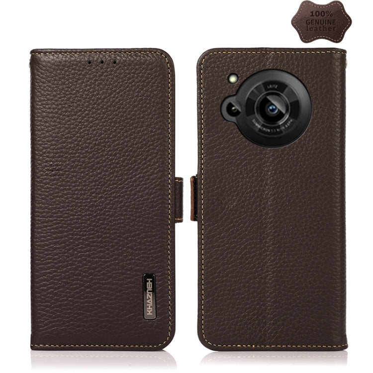 For Sharp Aquos R7 KHAZNEH Side-Magnetic Litchi Genuine Leather RFID Phone Case(Brown) - More Brand by buy2fix | Online Shopping UK | buy2fix