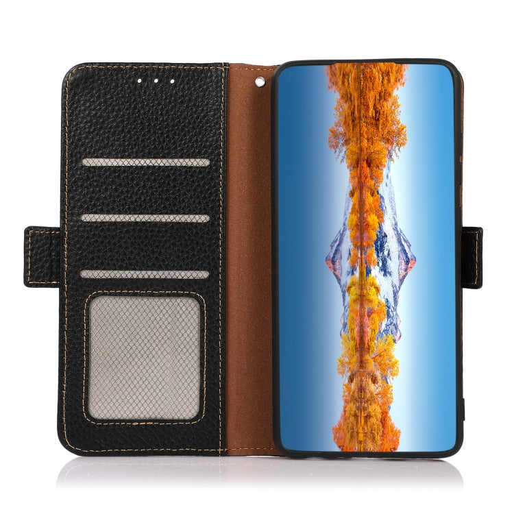 For Motorola Moto G 2022 5G KHAZNEH Side-Magnetic Litchi Genuine Leather RFID Phone Case(Black) - Motorola Cases by buy2fix | Online Shopping UK | buy2fix
