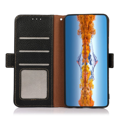 For Motorola Moto G 2022 5G KHAZNEH Side-Magnetic Litchi Genuine Leather RFID Phone Case(Black) - Motorola Cases by buy2fix | Online Shopping UK | buy2fix