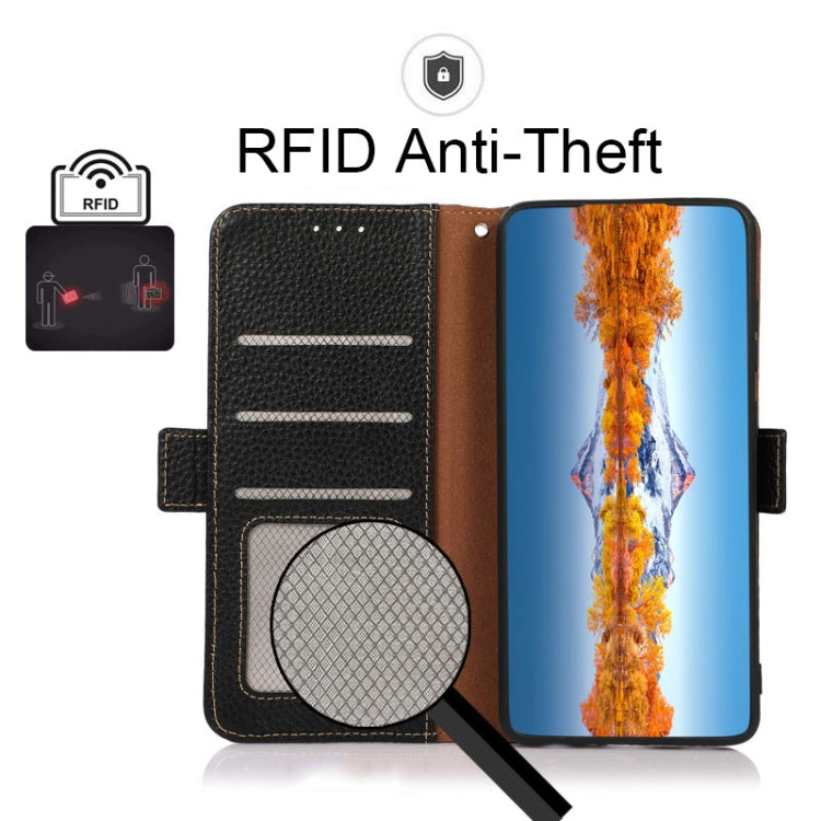 For Motorola Moto G 2022 5G KHAZNEH Side-Magnetic Litchi Genuine Leather RFID Phone Case(Black) - Motorola Cases by buy2fix | Online Shopping UK | buy2fix