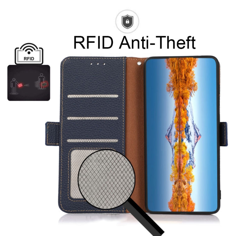 For Motorola Moto G 2022 5G KHAZNEH Side-Magnetic Litchi Genuine Leather RFID Phone Case(Blue) - Motorola Cases by buy2fix | Online Shopping UK | buy2fix