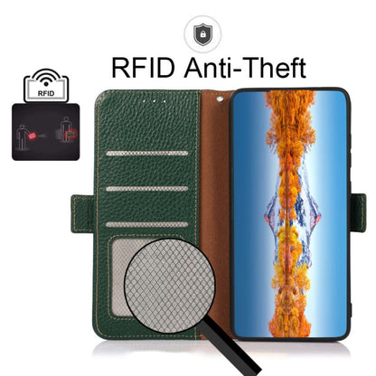 For Motorola Moto G 2022 5G KHAZNEH Side-Magnetic Litchi Genuine Leather RFID Phone Case(Green) - Motorola Cases by buy2fix | Online Shopping UK | buy2fix