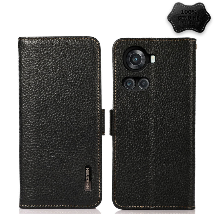 For OnePlus 10R / Ace KHAZNEH Side-Magnetic Litchi Genuine Leather RFID Phone Case(Black) - OnePlus Cases by buy2fix | Online Shopping UK | buy2fix