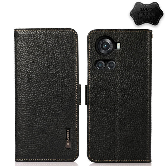 For OnePlus 10R / Ace KHAZNEH Side-Magnetic Litchi Genuine Leather RFID Phone Case(Black) - OnePlus Cases by buy2fix | Online Shopping UK | buy2fix