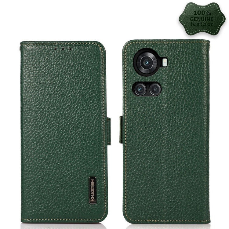 For OnePlus 10R / Ace KHAZNEH Side-Magnetic Litchi Genuine Leather RFID Phone Case(Green) - OnePlus Cases by buy2fix | Online Shopping UK | buy2fix