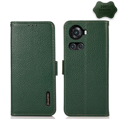 For OnePlus 10R / Ace KHAZNEH Side-Magnetic Litchi Genuine Leather RFID Phone Case(Green) - OnePlus Cases by buy2fix | Online Shopping UK | buy2fix