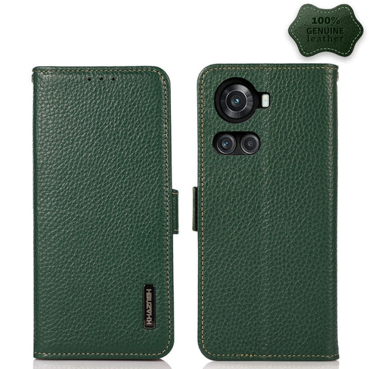 For OnePlus 10R / Ace KHAZNEH Side-Magnetic Litchi Genuine Leather RFID Phone Case(Green) - OnePlus Cases by buy2fix | Online Shopping UK | buy2fix