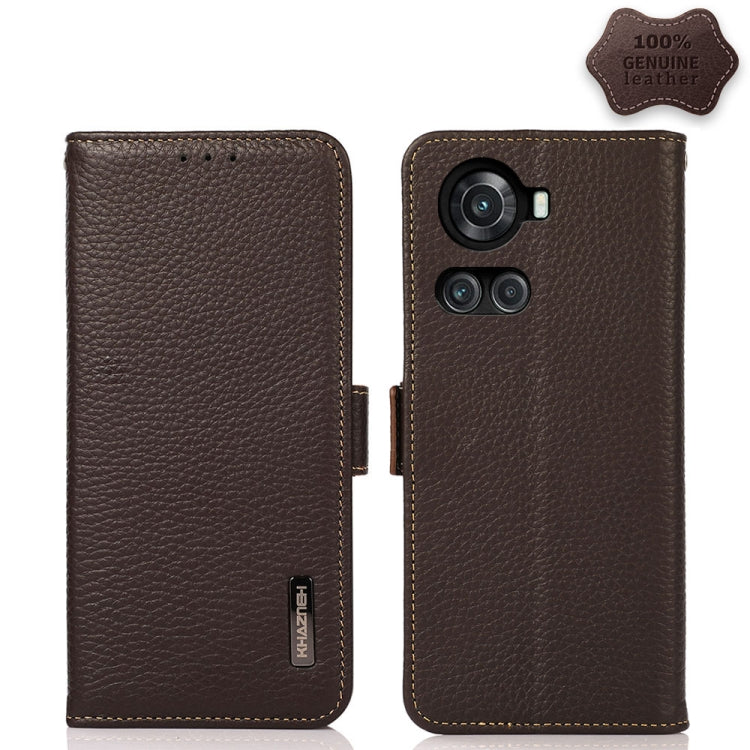 For OnePlus 10R / Ace KHAZNEH Side-Magnetic Litchi Genuine Leather RFID Phone Case(Brown) - OnePlus Cases by buy2fix | Online Shopping UK | buy2fix