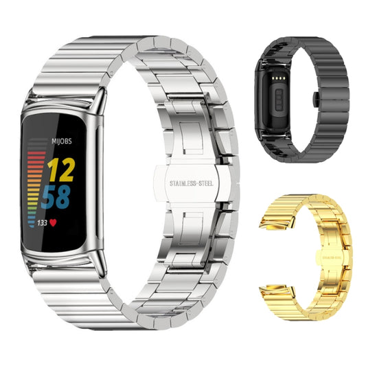 For Fitbit Charge 5 / Charge 6 Mijobs Bamboo Stainless Steel Metal Watch Band(Black) by MIJOBS