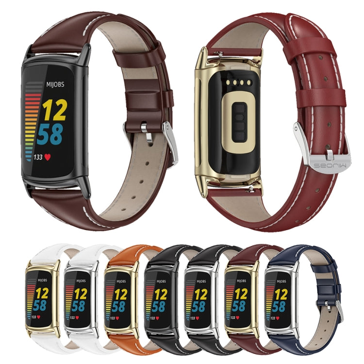 For Fitbit Charge5 Mijobs Genuine Leather Slim Watch Band(Wine Red+Gold) - Watch Bands by MIJOBS | Online Shopping UK | buy2fix