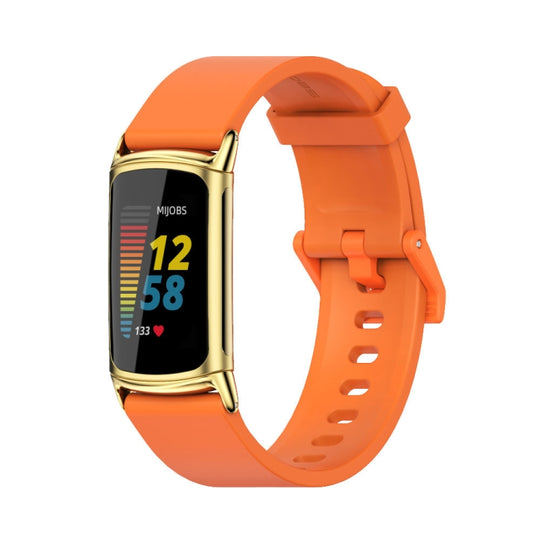 For Fitbit Charge 5 / Charge 6 Mijobs Soft Silicone  Watch Band(Orange+Gold)