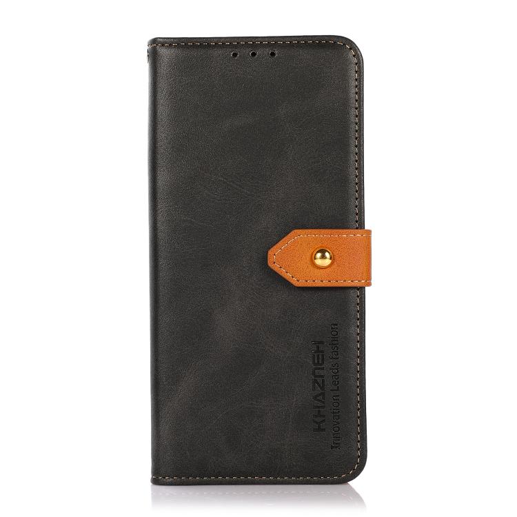 For iPhone 15 KHAZNEH Dual-color Cowhide Texture Flip Leather Phone Case(Black) - iPhone 16e Cases by buy2fix | Online Shopping UK | buy2fix