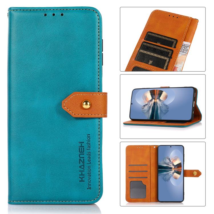 For iPhone 15 KHAZNEH Dual-color Cowhide Texture Flip Leather Phone Case(Blue) - iPhone 16e Cases by buy2fix | Online Shopping UK | buy2fix