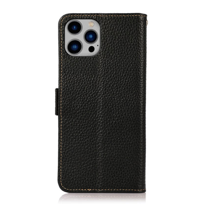 For iPhone 14 Plus KHAZNEH Side-Magnetic Litchi Genuine Leather RFID Phone Case  (Black) - iPhone 14 Plus Cases by buy2fix | Online Shopping UK | buy2fix