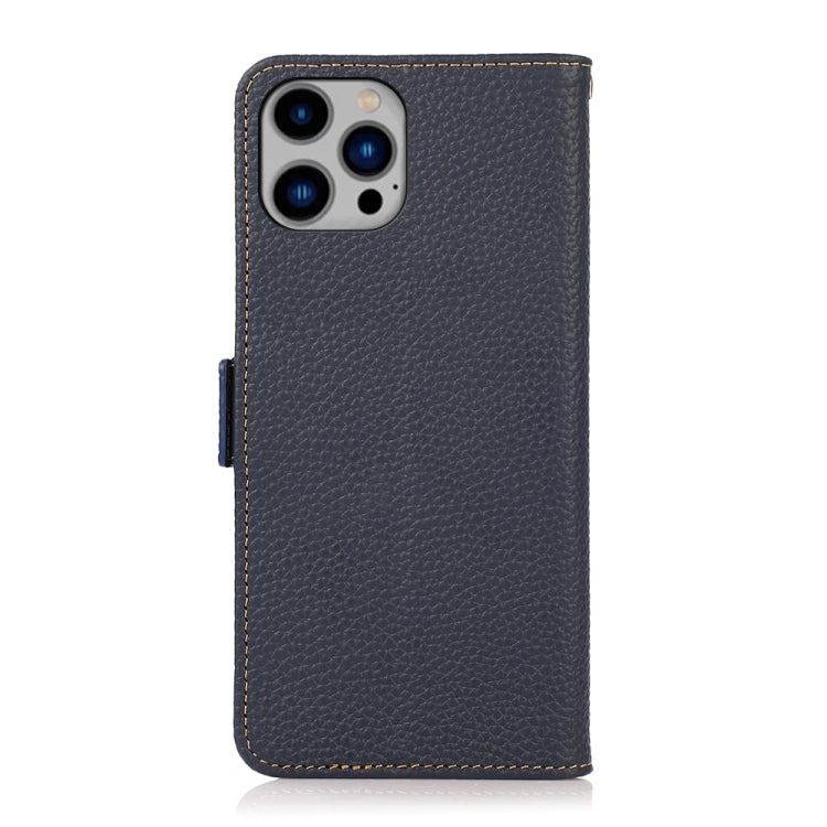 For iPhone 14 Plus KHAZNEH Side-Magnetic Litchi Genuine Leather RFID Phone Case  (Blue) - iPhone 14 Plus Cases by buy2fix | Online Shopping UK | buy2fix