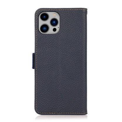 For iPhone 14 Plus KHAZNEH Side-Magnetic Litchi Genuine Leather RFID Phone Case  (Blue) - iPhone 14 Plus Cases by buy2fix | Online Shopping UK | buy2fix