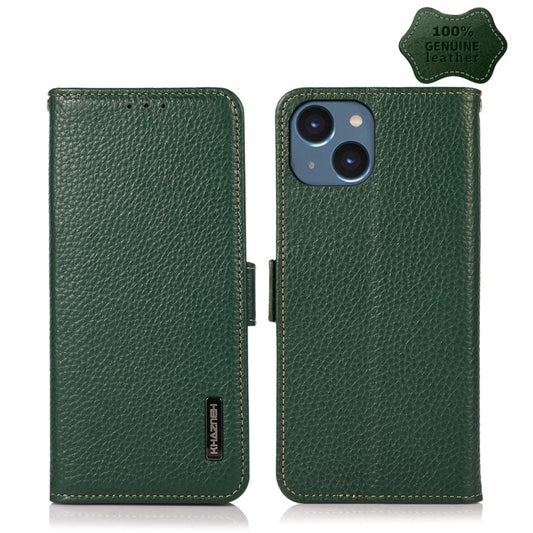 For iPhone 14 Plus KHAZNEH Side-Magnetic Litchi Genuine Leather RFID Phone Case  (Green) - iPhone 14 Plus Cases by buy2fix | Online Shopping UK | buy2fix