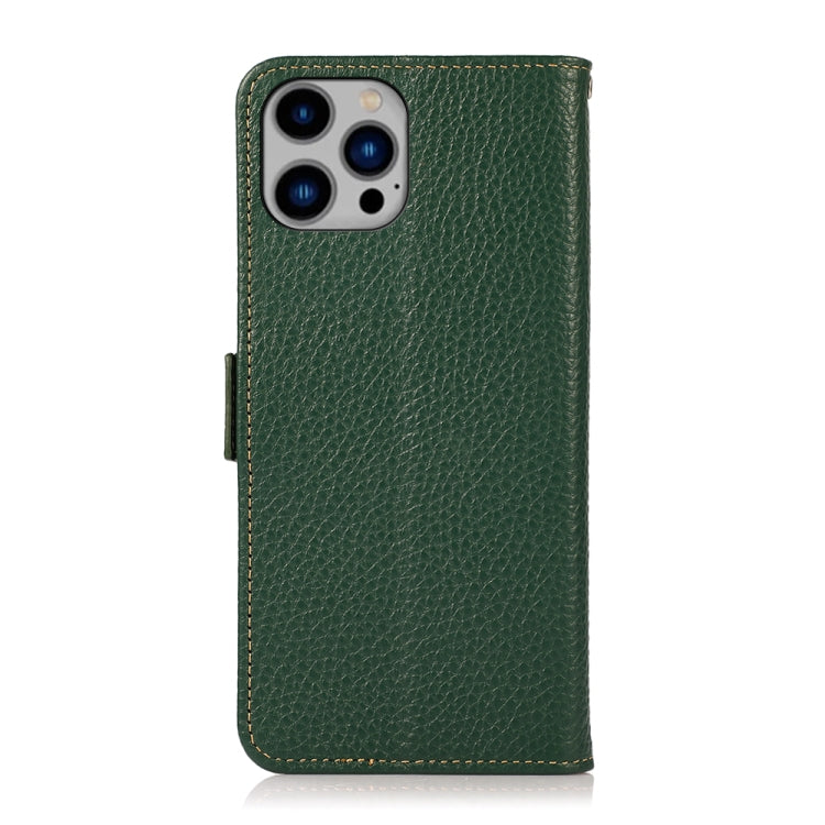 For iPhone 14 Plus KHAZNEH Side-Magnetic Litchi Genuine Leather RFID Phone Case  (Green) - iPhone 14 Plus Cases by buy2fix | Online Shopping UK | buy2fix