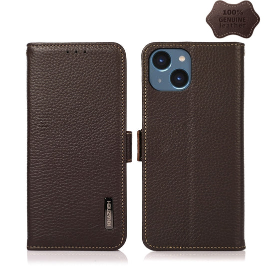 For iPhone 14 Plus KHAZNEH Side-Magnetic Litchi Genuine Leather RFID Phone Case  (Brown) - iPhone 14 Plus Cases by buy2fix | Online Shopping UK | buy2fix