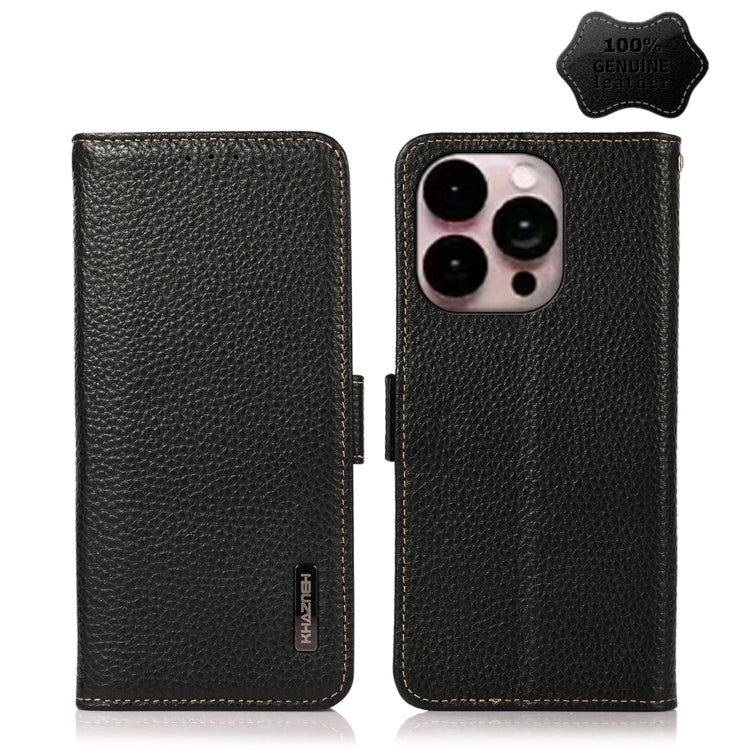 For iPhone 14 Pro Max KHAZNEH Side-Magnetic Litchi Genuine Leather RFID Phone Case (Black) - iPhone 14 Pro Max Cases by buy2fix | Online Shopping UK | buy2fix