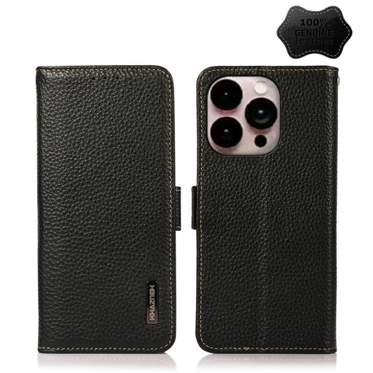For iPhone 14 Pro Max KHAZNEH Side-Magnetic Litchi Genuine Leather RFID Phone Case (Black) - iPhone 14 Pro Max Cases by buy2fix | Online Shopping UK | buy2fix