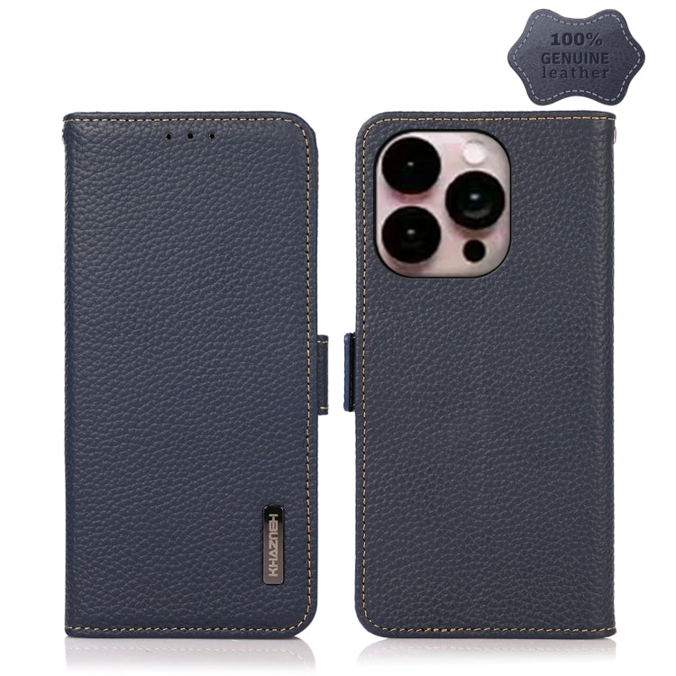 For iPhone 14 Pro Max KHAZNEH Side-Magnetic Litchi Genuine Leather RFID Phone Case (Blue) - iPhone 14 Pro Max Cases by buy2fix | Online Shopping UK | buy2fix