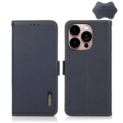 For iPhone 14 Pro Max KHAZNEH Side-Magnetic Litchi Genuine Leather RFID Phone Case (Blue) - iPhone 14 Pro Max Cases by buy2fix | Online Shopping UK | buy2fix
