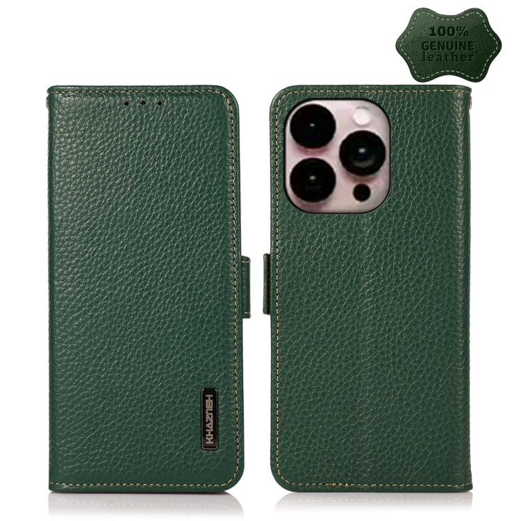 For iPhone 14 Pro Max KHAZNEH Side-Magnetic Litchi Genuine Leather RFID Phone Case (Green) - iPhone 14 Pro Max Cases by buy2fix | Online Shopping UK | buy2fix