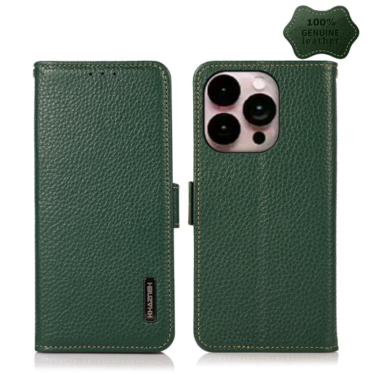 For iPhone 14 Pro Max KHAZNEH Side-Magnetic Litchi Genuine Leather RFID Phone Case (Green) - iPhone 14 Pro Max Cases by buy2fix | Online Shopping UK | buy2fix