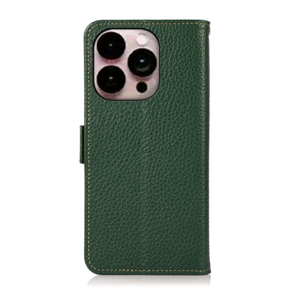 For iPhone 14 Pro Max KHAZNEH Side-Magnetic Litchi Genuine Leather RFID Phone Case (Green) - iPhone 14 Pro Max Cases by buy2fix | Online Shopping UK | buy2fix