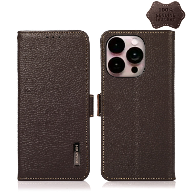 For iPhone 14 Pro Max KHAZNEH Side-Magnetic Litchi Genuine Leather RFID Phone Case (Brown) - iPhone 14 Pro Max Cases by buy2fix | Online Shopping UK | buy2fix