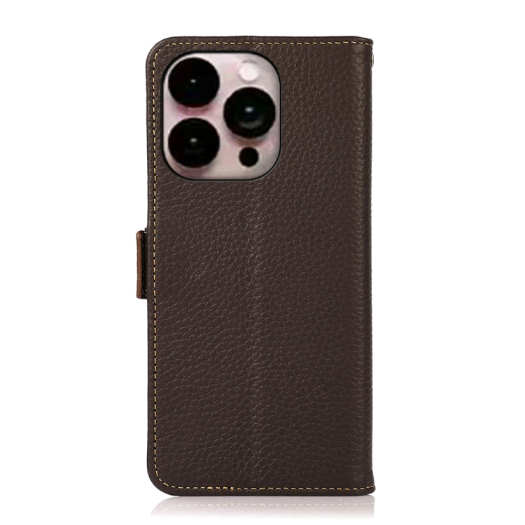 For iPhone 14 Pro Max KHAZNEH Side-Magnetic Litchi Genuine Leather RFID Phone Case (Brown) - iPhone 14 Pro Max Cases by buy2fix | Online Shopping UK | buy2fix
