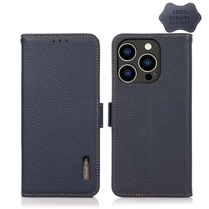 For iPhone 14 Pro KHAZNEH Side-Magnetic Litchi Genuine Leather RFID Phone Case (Blue) - iPhone 14 Pro Cases by buy2fix | Online Shopping UK | buy2fix