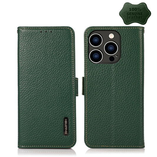 For iPhone 14 Pro KHAZNEH Side-Magnetic Litchi Genuine Leather RFID Phone Case (Green) - iPhone 14 Pro Cases by buy2fix | Online Shopping UK | buy2fix