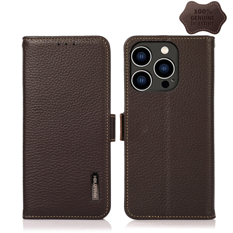For iPhone 14 Pro KHAZNEH Side-Magnetic Litchi Genuine Leather RFID Phone Case (Brown) - iPhone 14 Pro Cases by buy2fix | Online Shopping UK | buy2fix