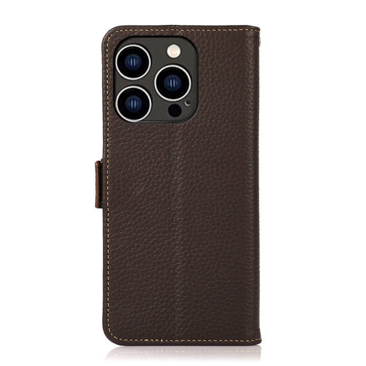 For iPhone 14 Pro KHAZNEH Side-Magnetic Litchi Genuine Leather RFID Phone Case (Brown) - iPhone 14 Pro Cases by buy2fix | Online Shopping UK | buy2fix
