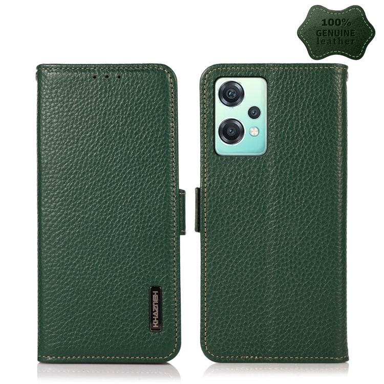 For OnePlus Nord CE 2 Lite 5G KHAZNEH Side-Magnetic Litchi Genuine Leather RFID Phone Case(Green) - OnePlus Cases by buy2fix | Online Shopping UK | buy2fix