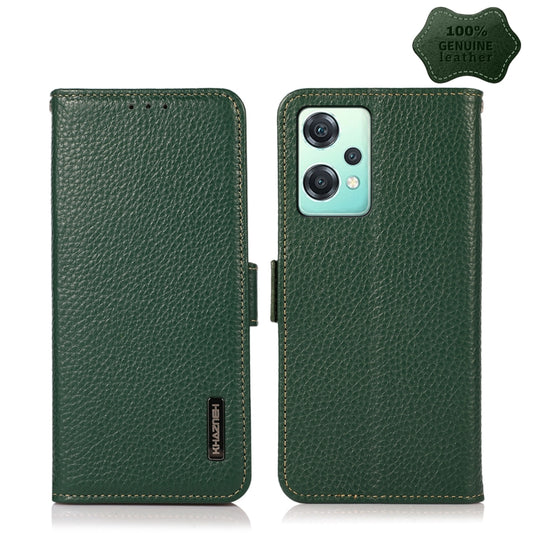 For OnePlus Nord CE 2 Lite 5G KHAZNEH Side-Magnetic Litchi Genuine Leather RFID Phone Case(Green) - OnePlus Cases by buy2fix | Online Shopping UK | buy2fix