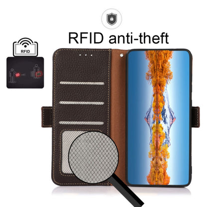 For OnePlus Nord CE 2 Lite 5G KHAZNEH Side-Magnetic Litchi Genuine Leather RFID Phone Case(Brown) - OnePlus Cases by buy2fix | Online Shopping UK | buy2fix