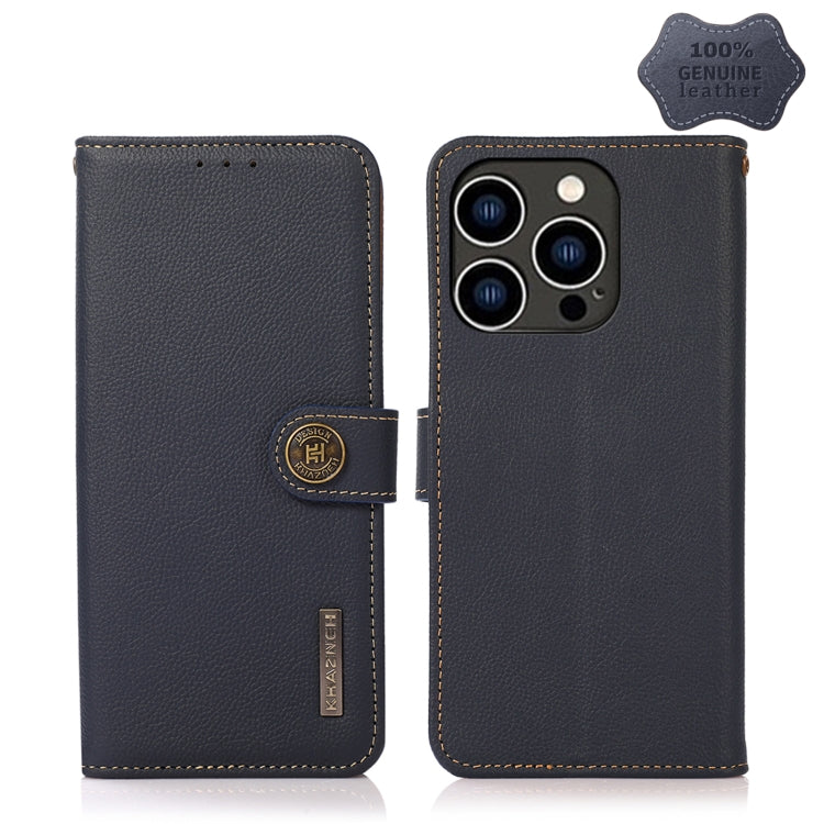 For iPhone 14 Pro KHAZNEH Custer Genuine Leather RFID Phone Case (Blue) - iPhone 14 Pro Cases by buy2fix | Online Shopping UK | buy2fix