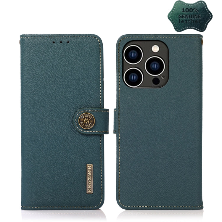 For iPhone 14 Pro KHAZNEH Custer Genuine Leather RFID Phone Case (Green) - iPhone 14 Pro Cases by buy2fix | Online Shopping UK | buy2fix